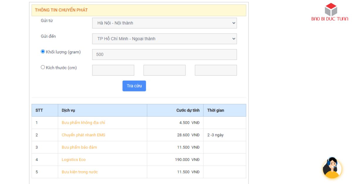 Tra cứu bảng giá gửi hàng qua bưu điện